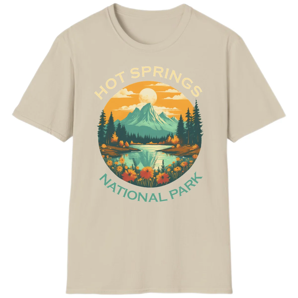 Hot Springs National Park vista illustration with mountain, wildflowers, stream, and forest in circular badge design in Sand