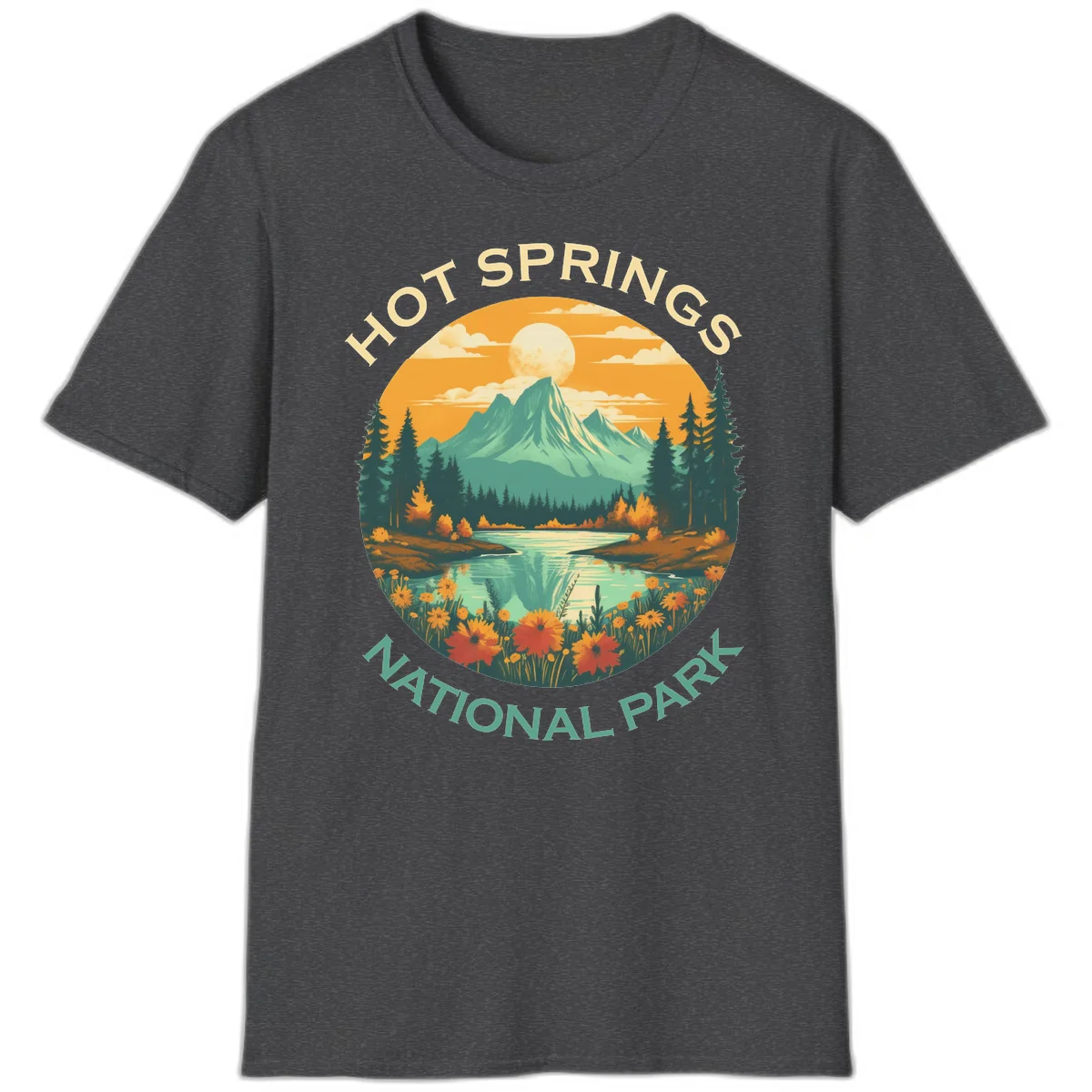 Hot Springs National Park vista illustration with mountain, wildflowers, stream, and forest in circular badge design in Dark Heather