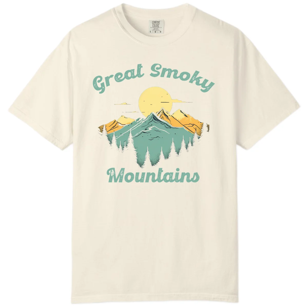 Layered mountain landscape with golden peaks, evergreen forest, and sunset sun in mint and gold tones in Ivory