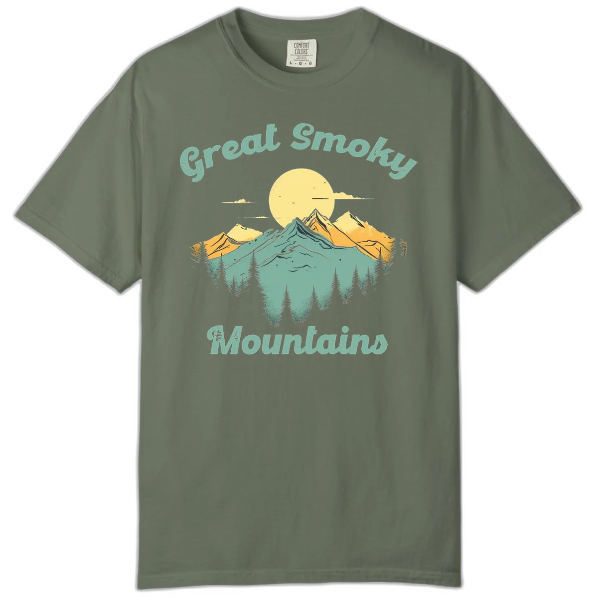 Layered mountain landscape with golden peaks, evergreen forest, and sunset sun in mint and gold tones in Moss