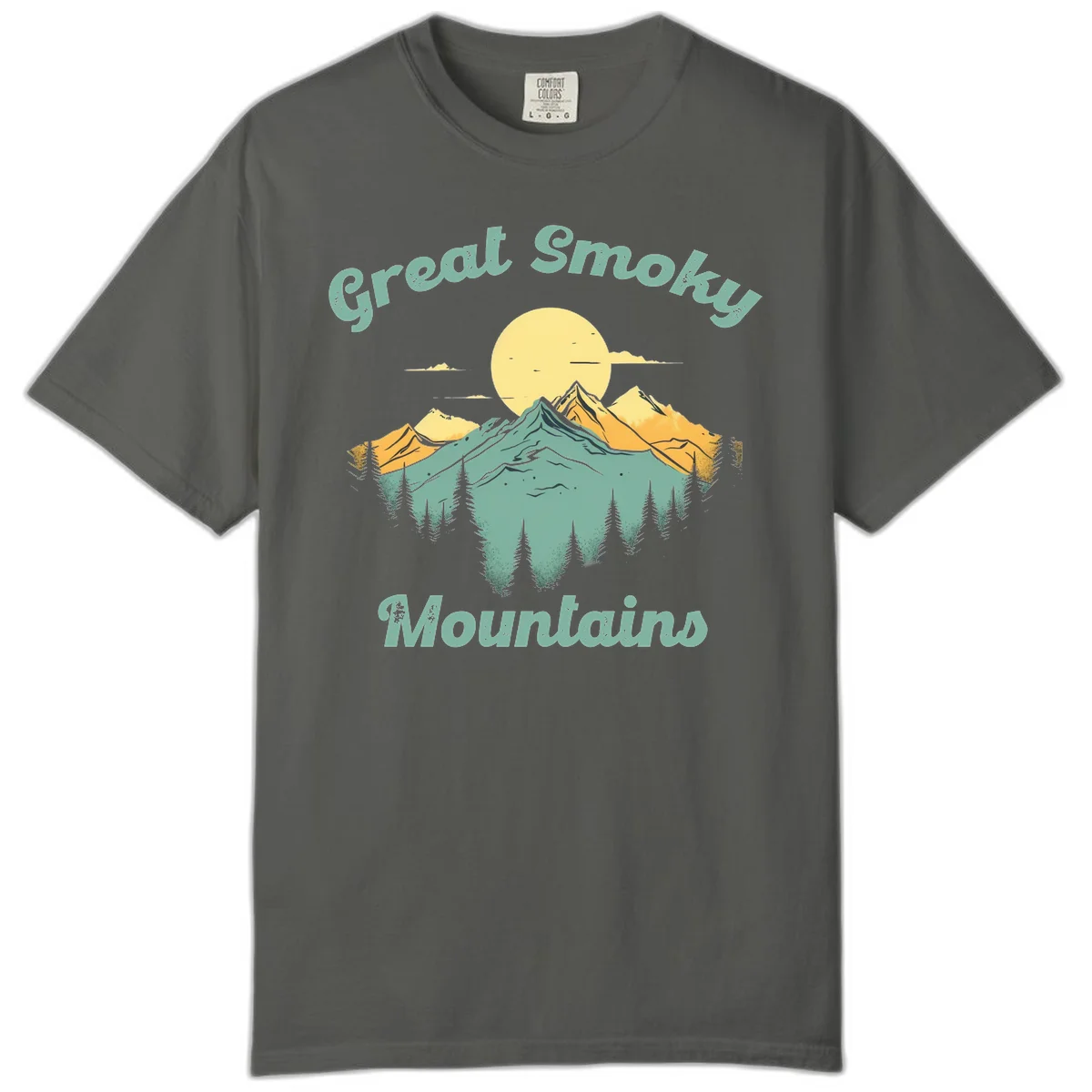 Layered mountain landscape with golden peaks, evergreen forest, and sunset sun in mint and gold tones in Pepper