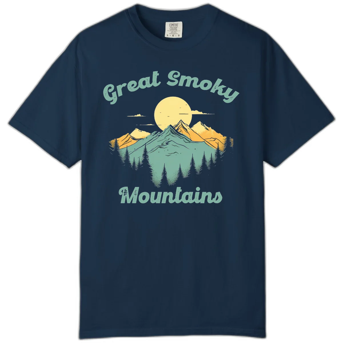 Layered mountain landscape with golden peaks, evergreen forest, and sunset sun in mint and gold tones in True Navy