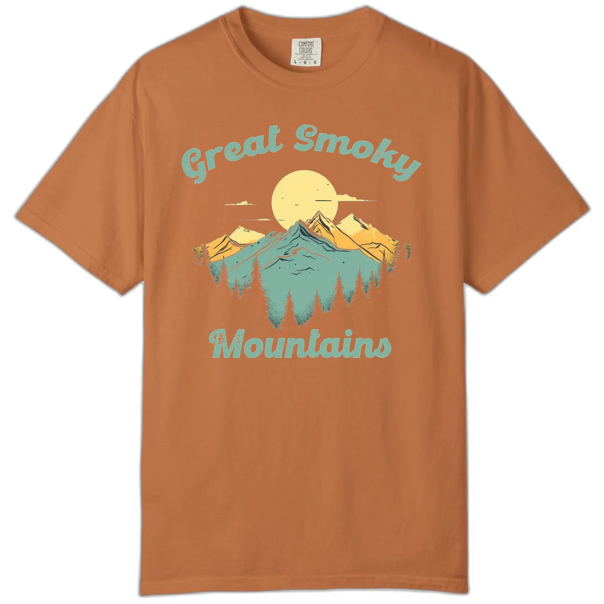 Layered mountain landscape with golden peaks, evergreen forest, and sunset sun in mint and gold tones in Yam