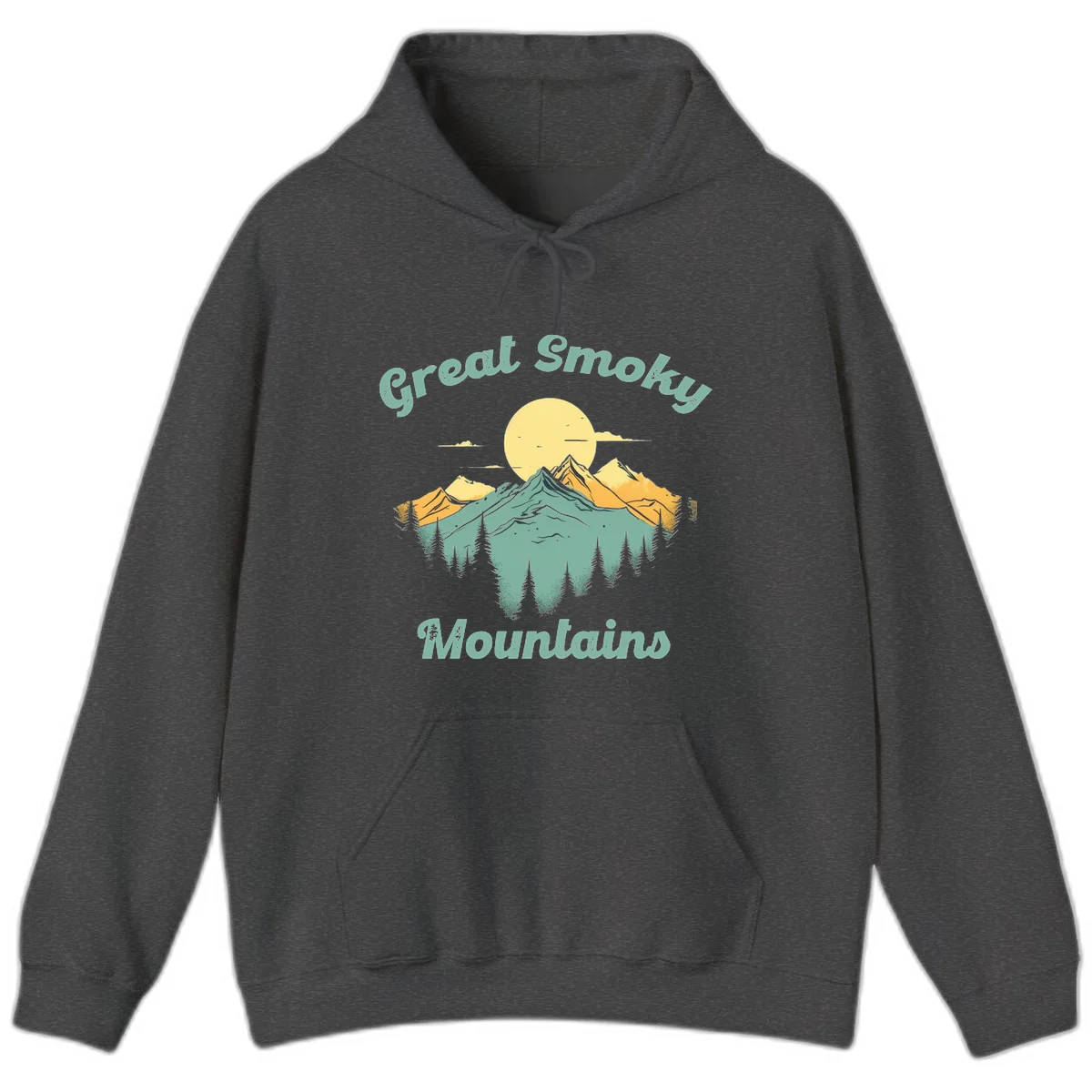 Layered mountain landscape with golden peaks, evergreen forest, and sunset sun in mint and gold tones in Dark Heather