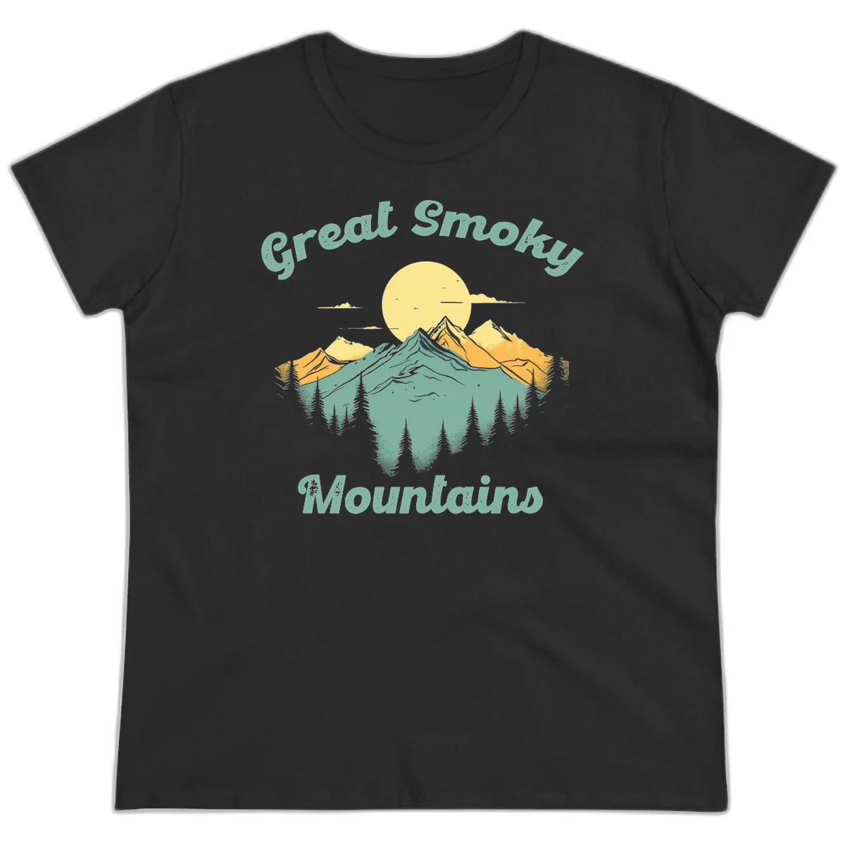 Layered mountain landscape with golden peaks, evergreen forest, and sunset sun in mint and gold tones in Black