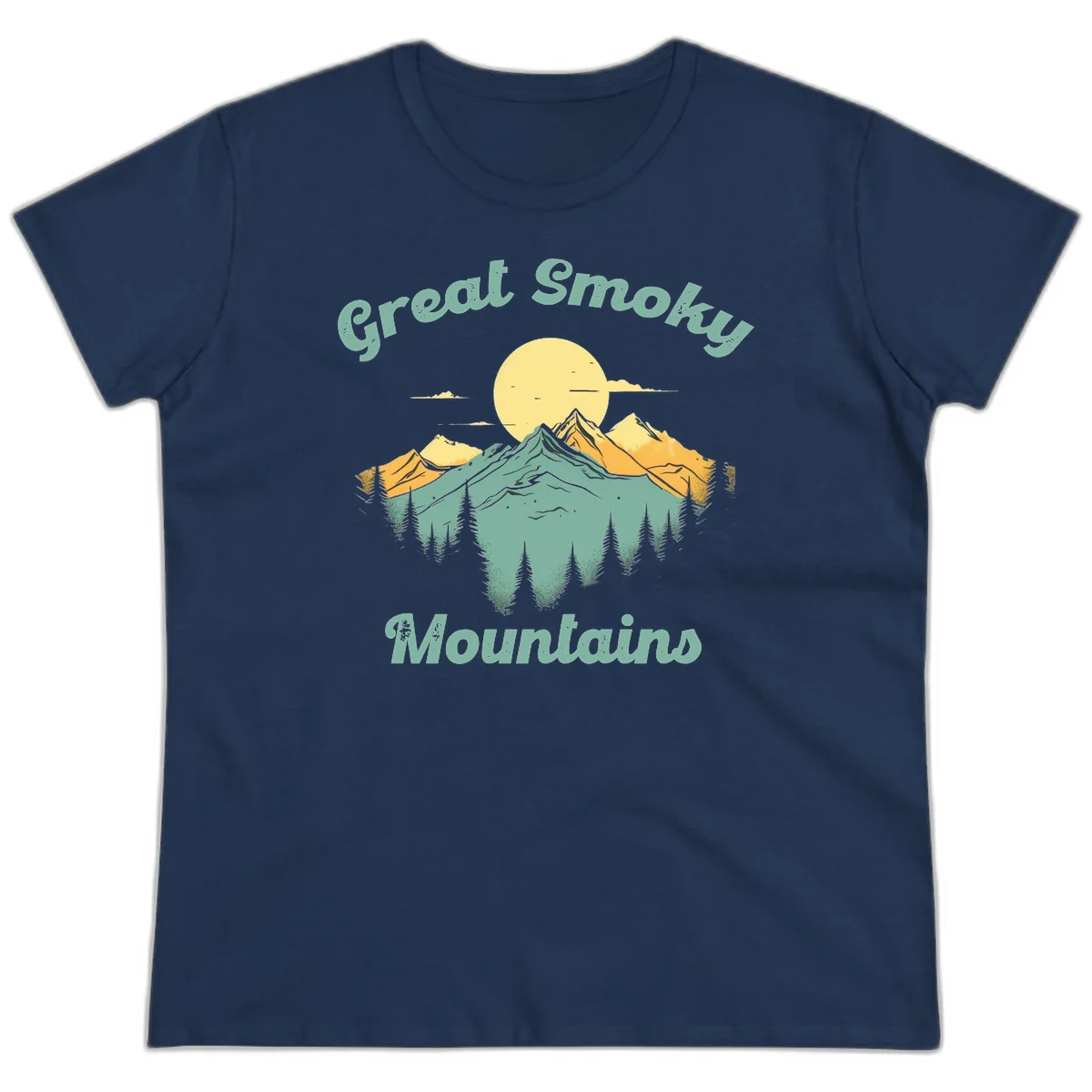 Layered mountain landscape with golden peaks, evergreen forest, and sunset sun in mint and gold tones in Navy