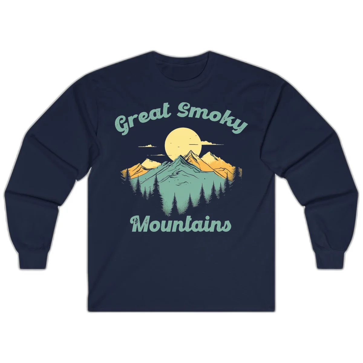 Layered mountain landscape with golden peaks, evergreen forest, and sunset sun in mint and gold tones in Navy