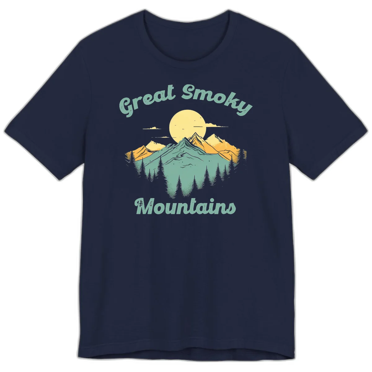 Layered mountain landscape with golden peaks, evergreen forest, and sunset sun in mint and gold tones in Navy