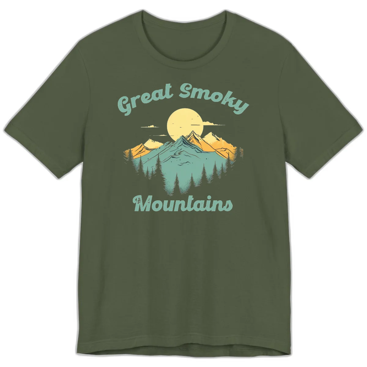 Layered mountain landscape with golden peaks, evergreen forest, and sunset sun in mint and gold tones in Military Green