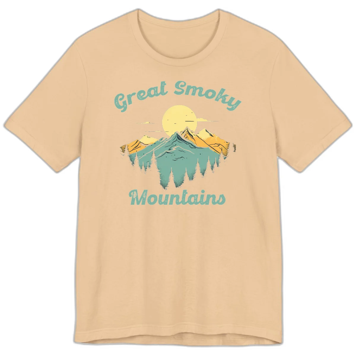 Layered mountain landscape with golden peaks, evergreen forest, and sunset sun in mint and gold tones in Sand Dune