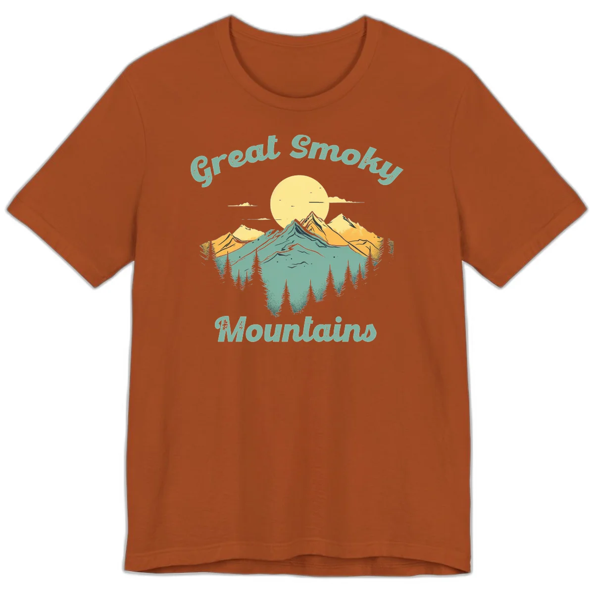 Layered mountain landscape with golden peaks, evergreen forest, and sunset sun in mint and gold tones in Autumn