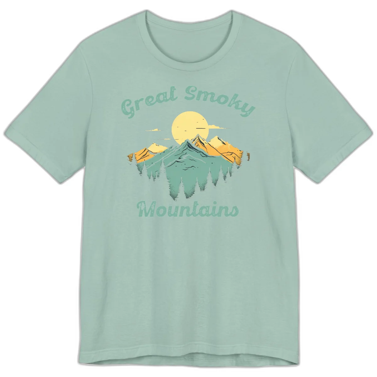 Layered mountain landscape with golden peaks, evergreen forest, and sunset sun in mint and gold tones in Dusty Blue