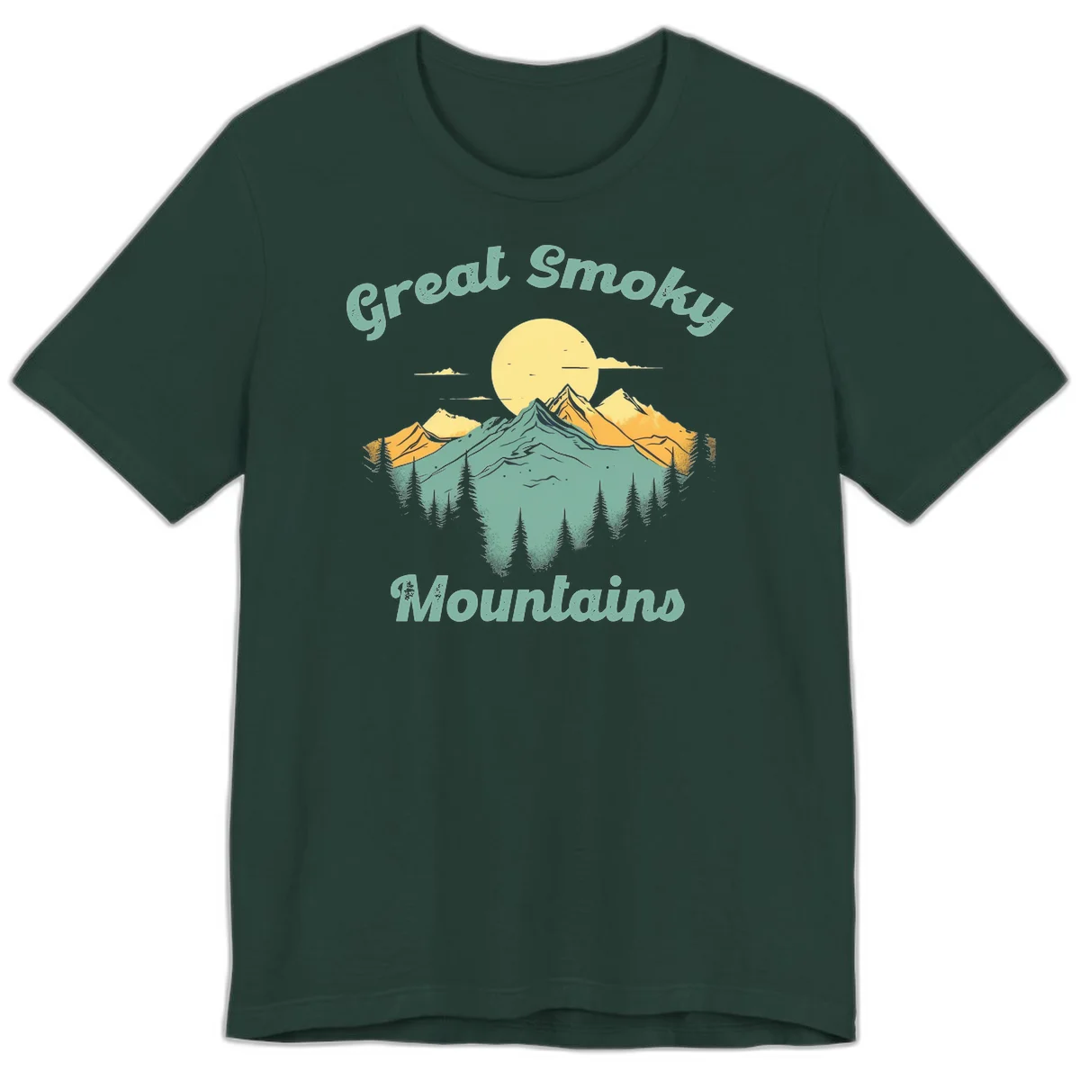 Layered mountain landscape with golden peaks, evergreen forest, and sunset sun in mint and gold tones in Forest