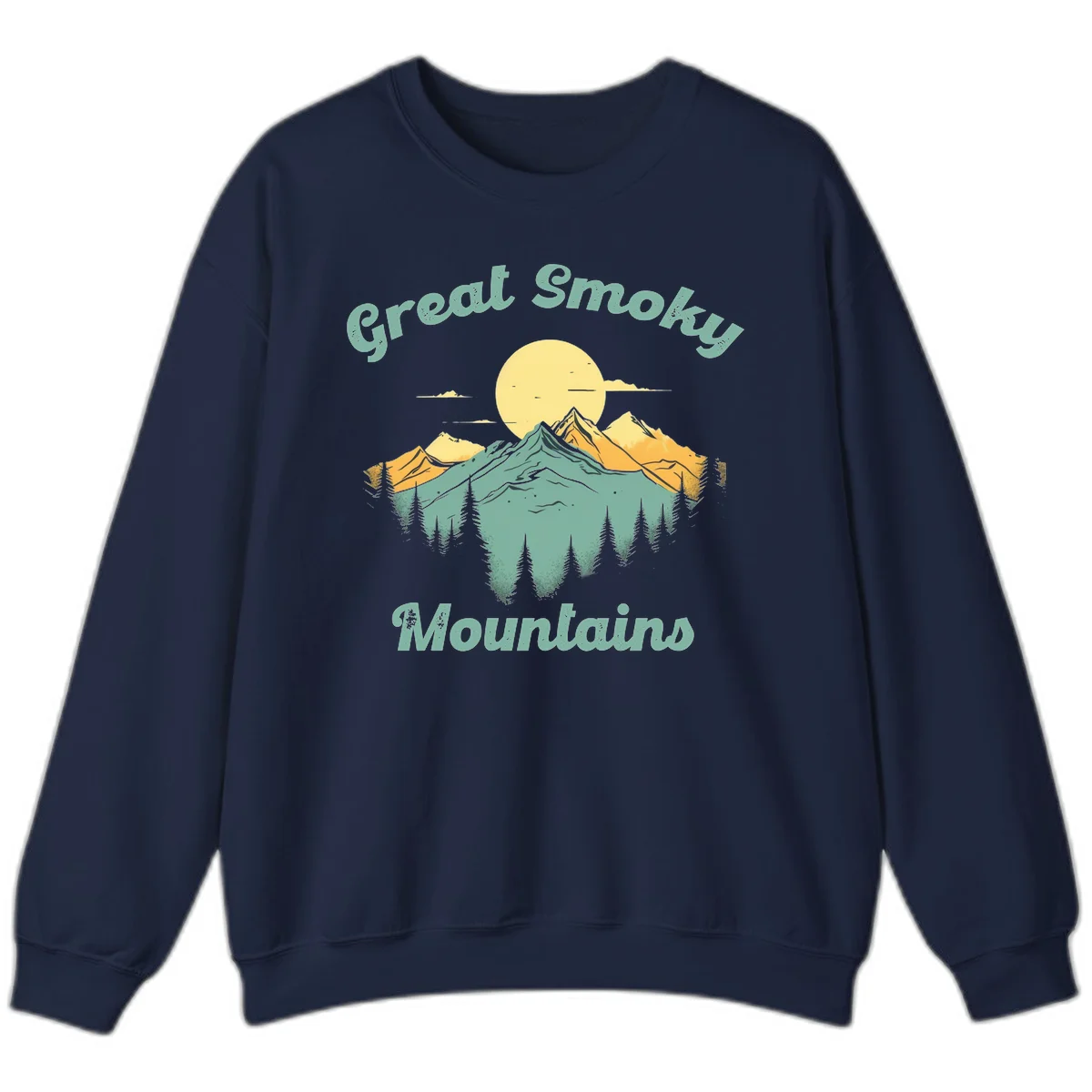 Layered mountain landscape with golden peaks, evergreen forest, and sunset sun in mint and gold tones in Navy