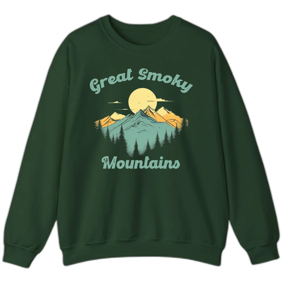 Layered mountain landscape with golden peaks, evergreen forest, and sunset sun in mint and gold tones in Forest Green