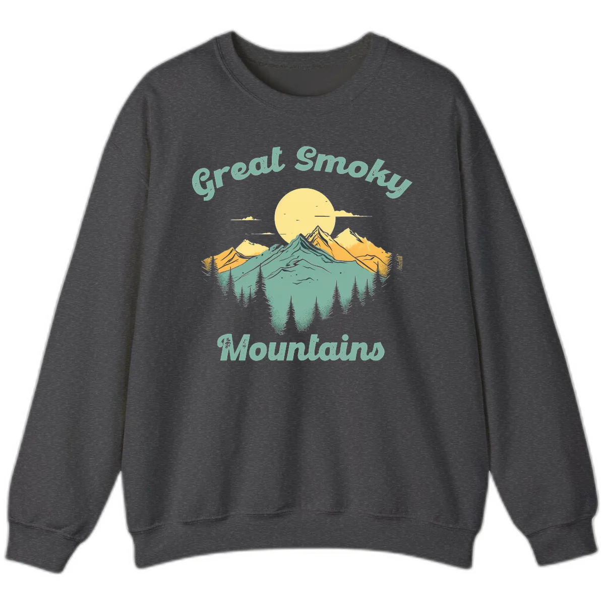 Layered mountain landscape with golden peaks, evergreen forest, and sunset sun in mint and gold tones in Dark Heather