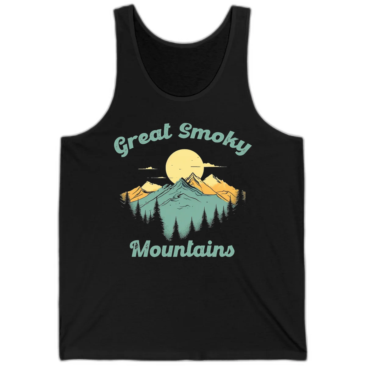 Layered mountain landscape with golden peaks, evergreen forest, and sunset sun in mint and gold tones in Black