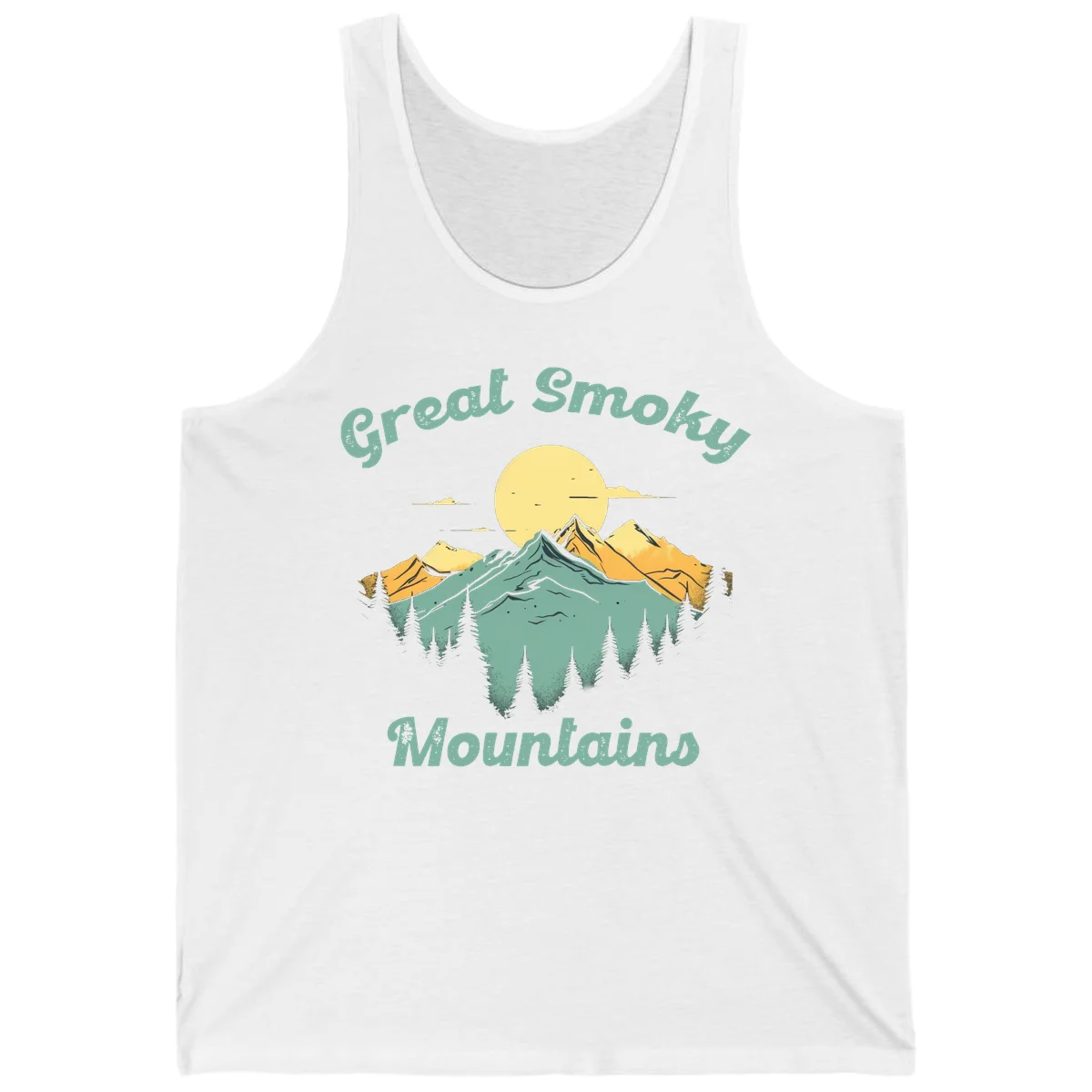 Layered mountain landscape with golden peaks, evergreen forest, and sunset sun in mint and gold tones in White