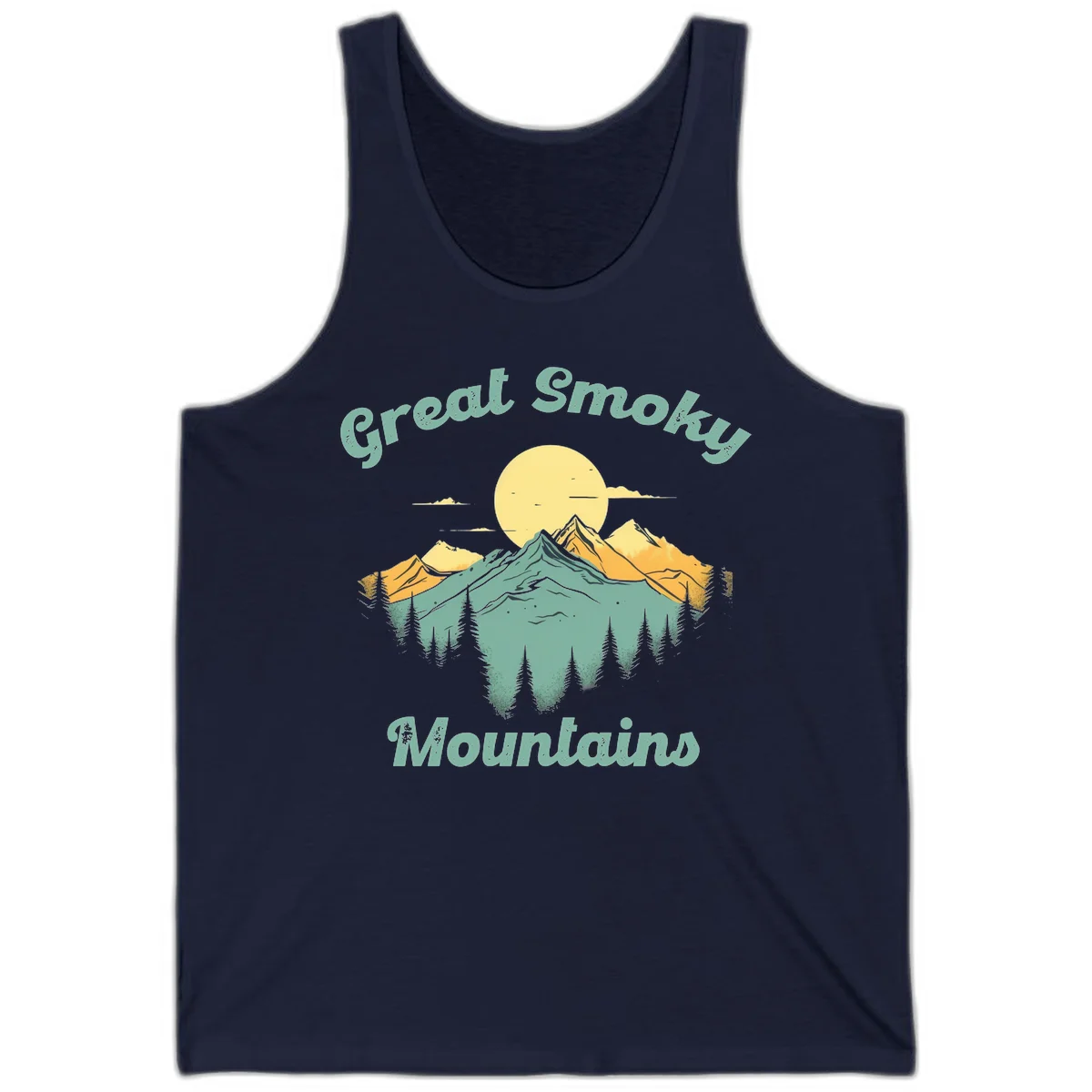 Layered mountain landscape with golden peaks, evergreen forest, and sunset sun in mint and gold tones in Navy
