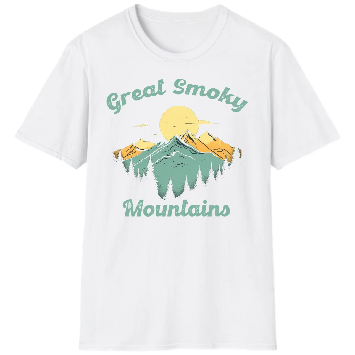 Layered mountain landscape with golden peaks, evergreen forest, and sunset sun in mint and gold tones in White