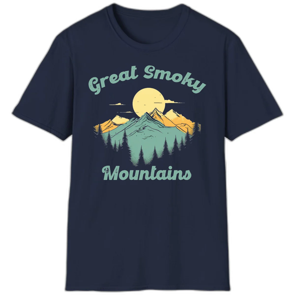 Layered mountain landscape with golden peaks, evergreen forest, and sunset sun in mint and gold tones in Navy