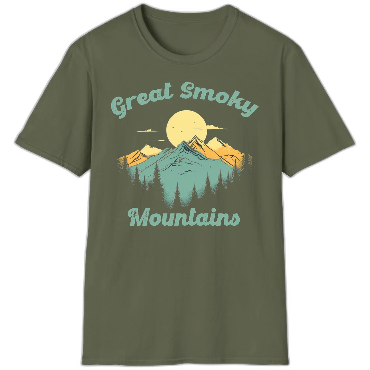 Layered mountain landscape with golden peaks, evergreen forest, and sunset sun in mint and gold tones in Military Green