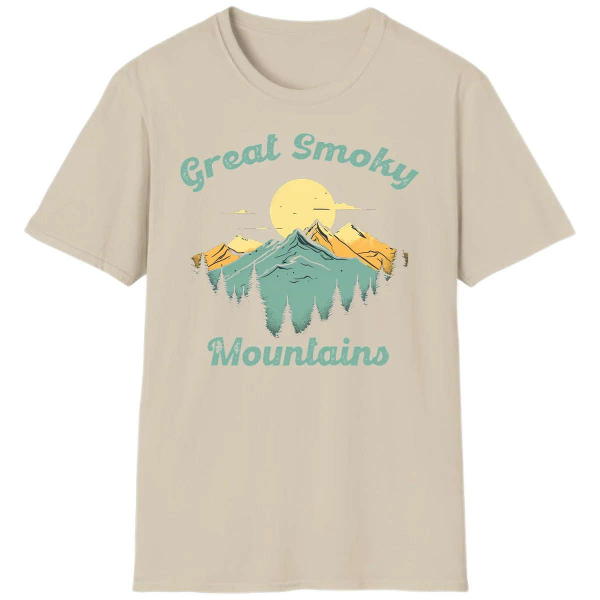 Layered mountain landscape with golden peaks, evergreen forest, and sunset sun in mint and gold tones in Sand