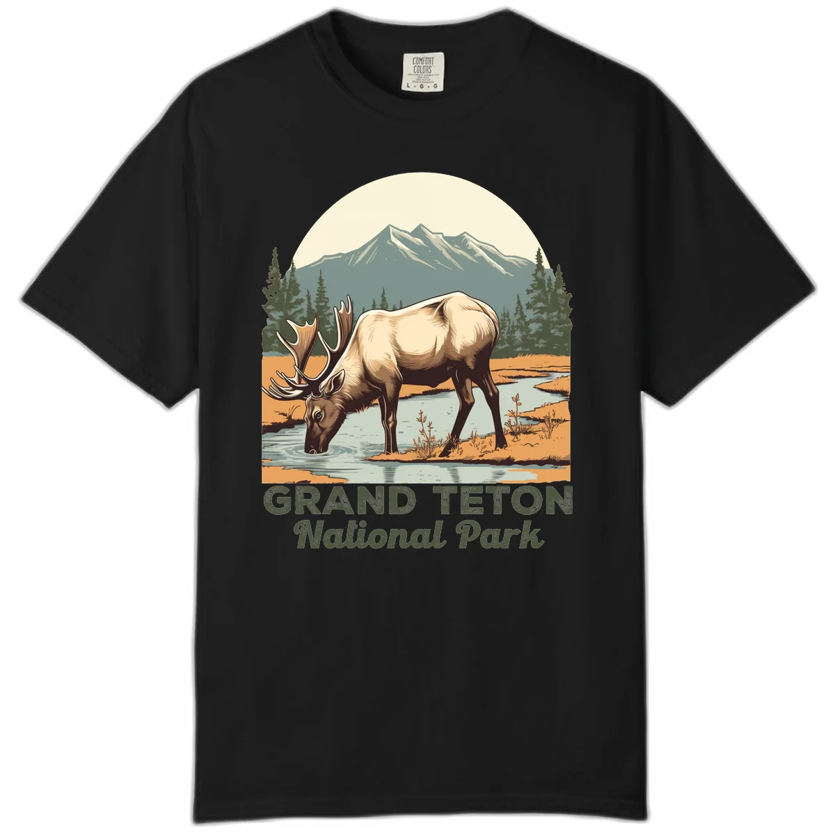 Vintage poster-style illustration of an elk drinking from a stream with Grand Teton mountains and forest in background in Black