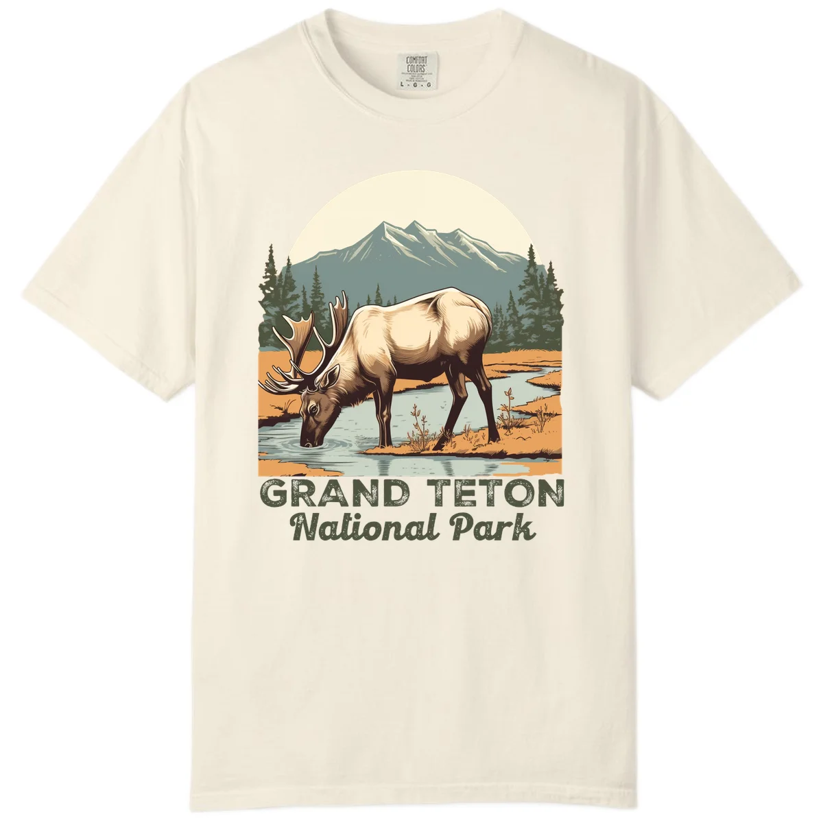 Vintage poster-style illustration of an elk drinking from a stream with Grand Teton mountains and forest in background in Ivory