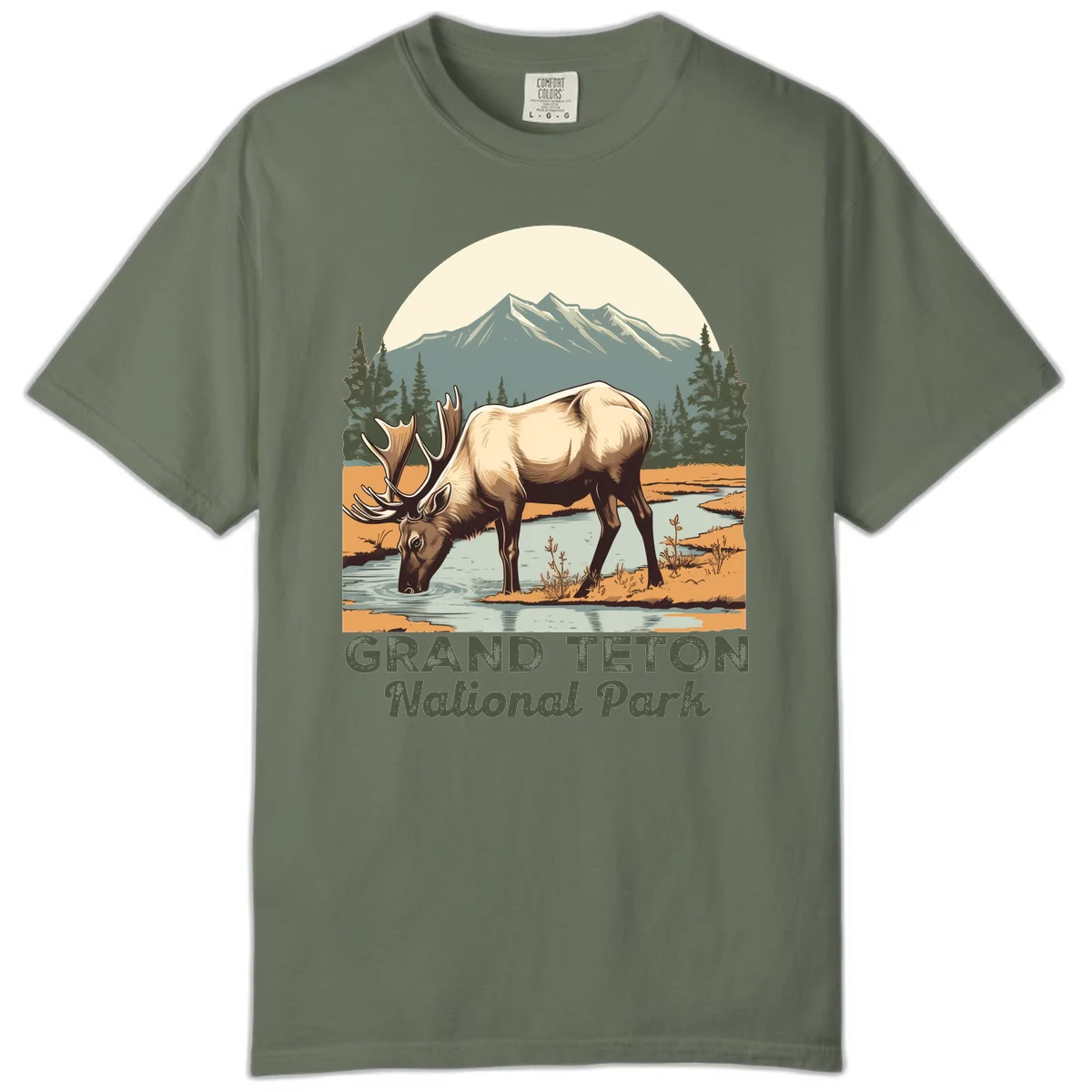 Vintage poster-style illustration of an elk drinking from a stream with Grand Teton mountains and forest in background in Moss