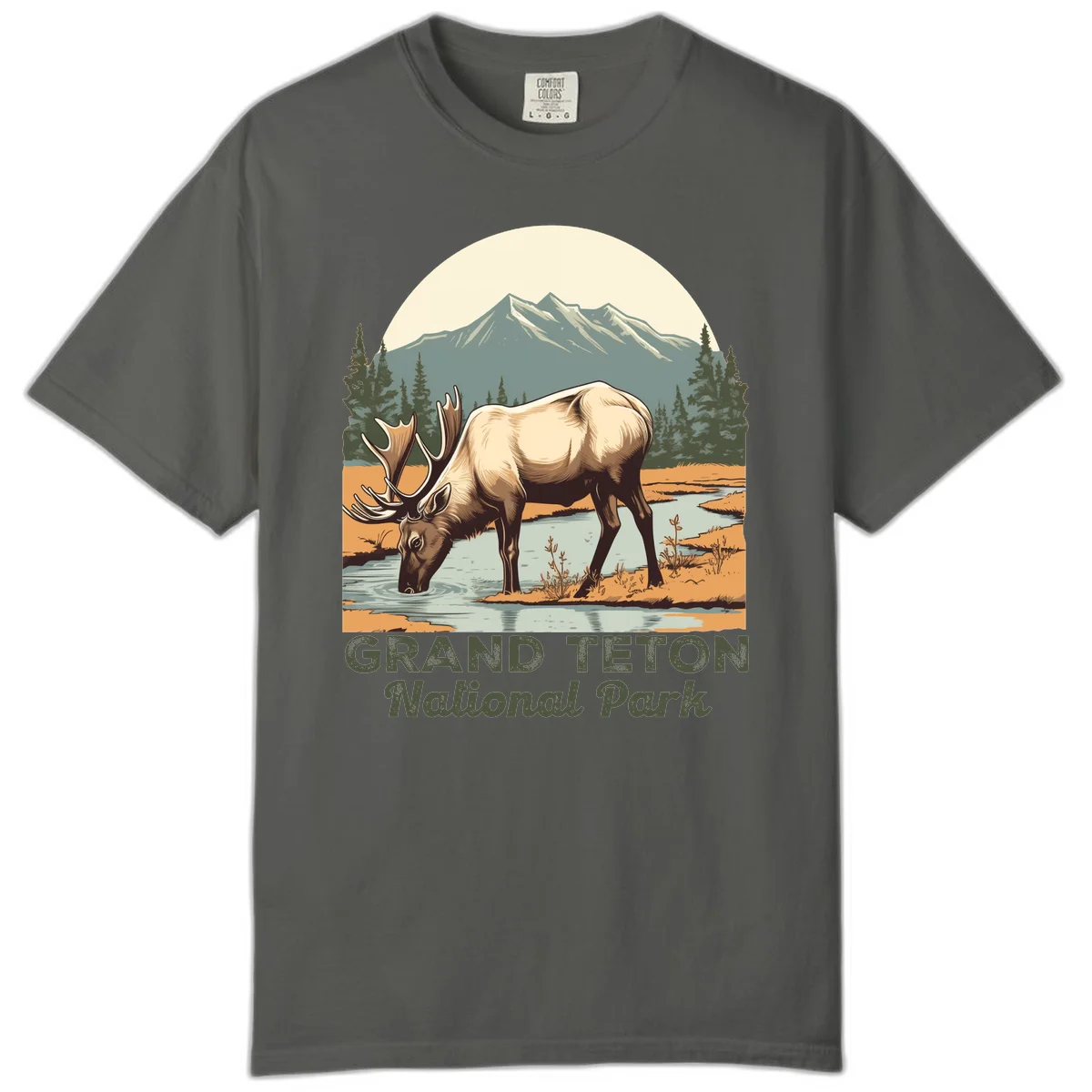 Vintage poster-style illustration of an elk drinking from a stream with Grand Teton mountains and forest in background in Pepper