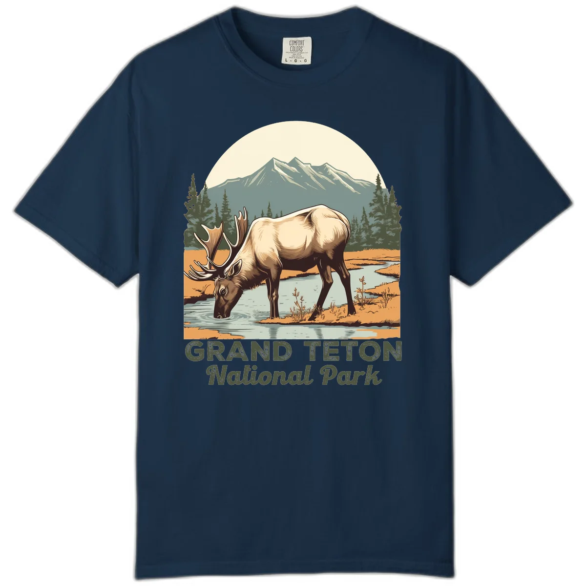 Vintage poster-style illustration of an elk drinking from a stream with Grand Teton mountains and forest in background in True Navy