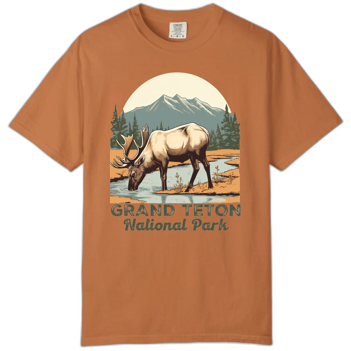 Vintage poster-style illustration of an elk drinking from a stream with Grand Teton mountains and forest in background in Yam