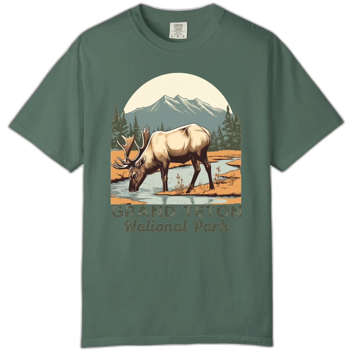Vintage poster-style illustration of an elk drinking from a stream with Grand Teton mountains and forest in background in Blue Spruce