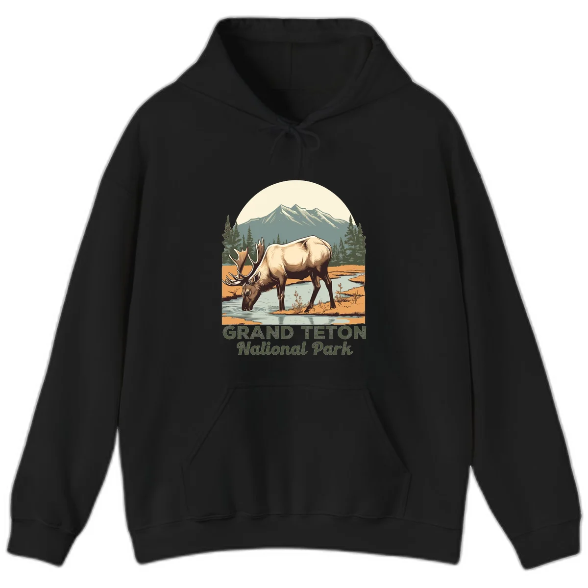 Vintage poster-style illustration of an elk drinking from a stream with Grand Teton mountains and forest in background in Black