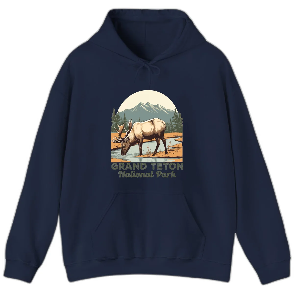 Vintage poster-style illustration of an elk drinking from a stream with Grand Teton mountains and forest in background in Navy