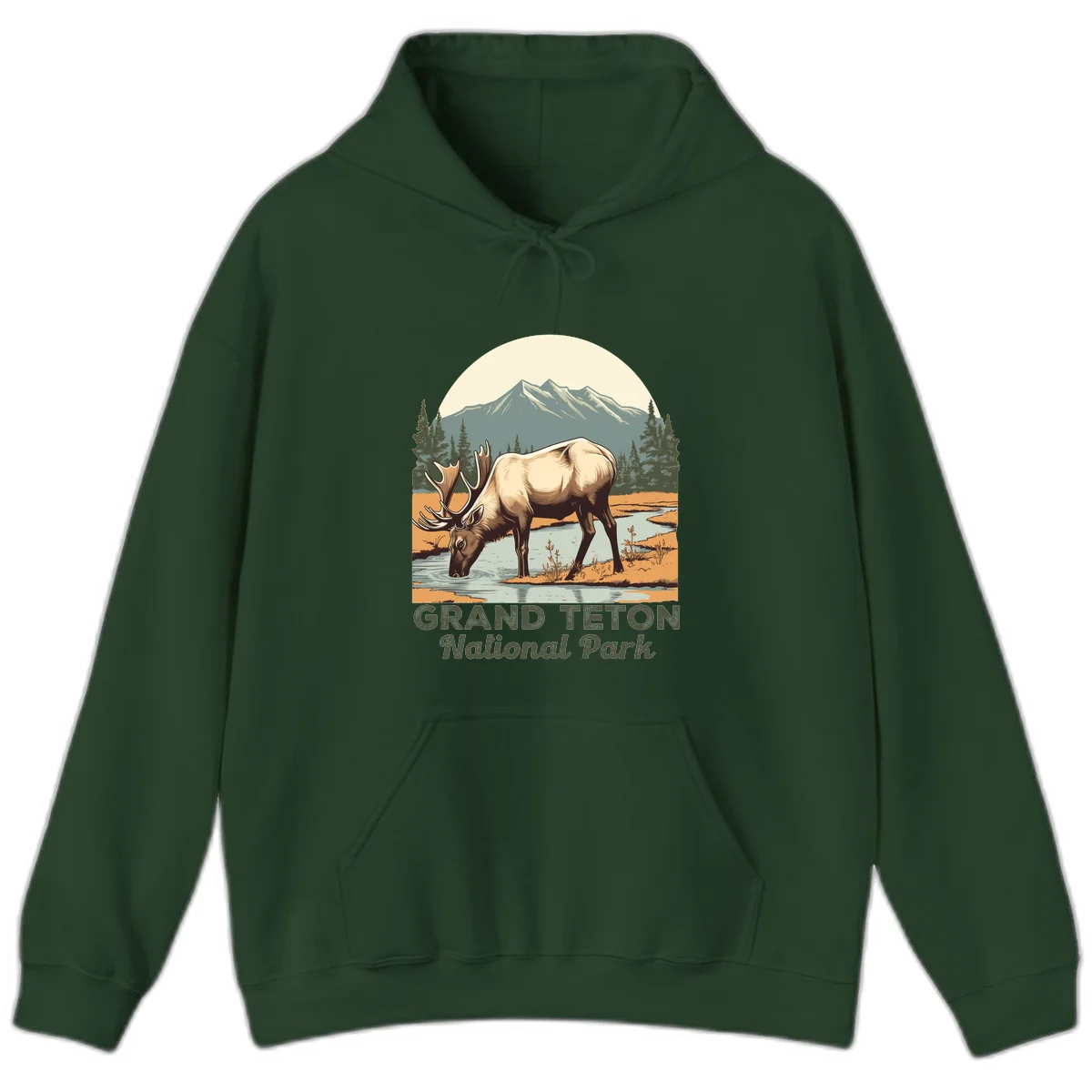 Vintage poster-style illustration of an elk drinking from a stream with Grand Teton mountains and forest in background in Forest Green