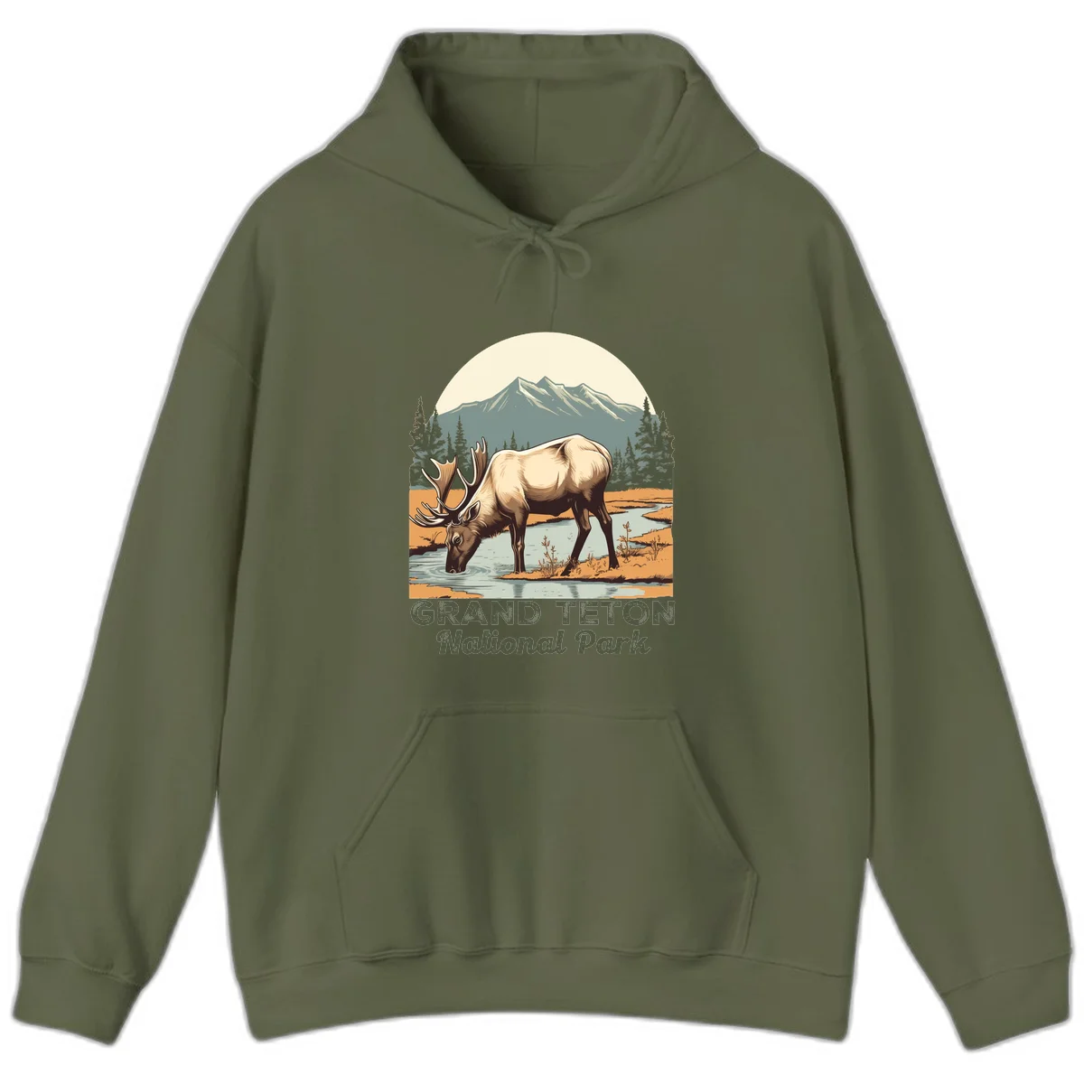 Vintage poster-style illustration of an elk drinking from a stream with Grand Teton mountains and forest in background in Military Green