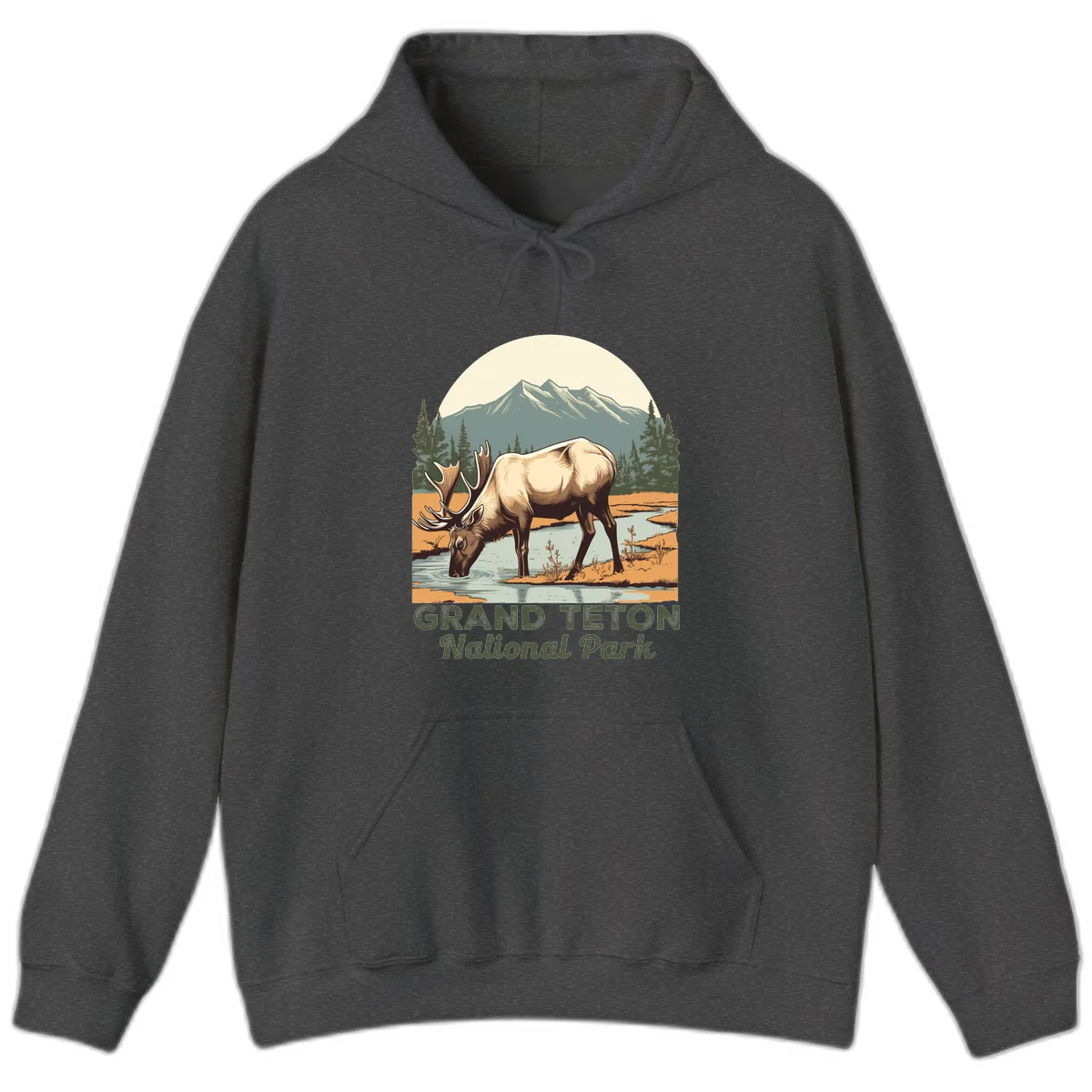 Vintage poster-style illustration of an elk drinking from a stream with Grand Teton mountains and forest in background in Dark Heather