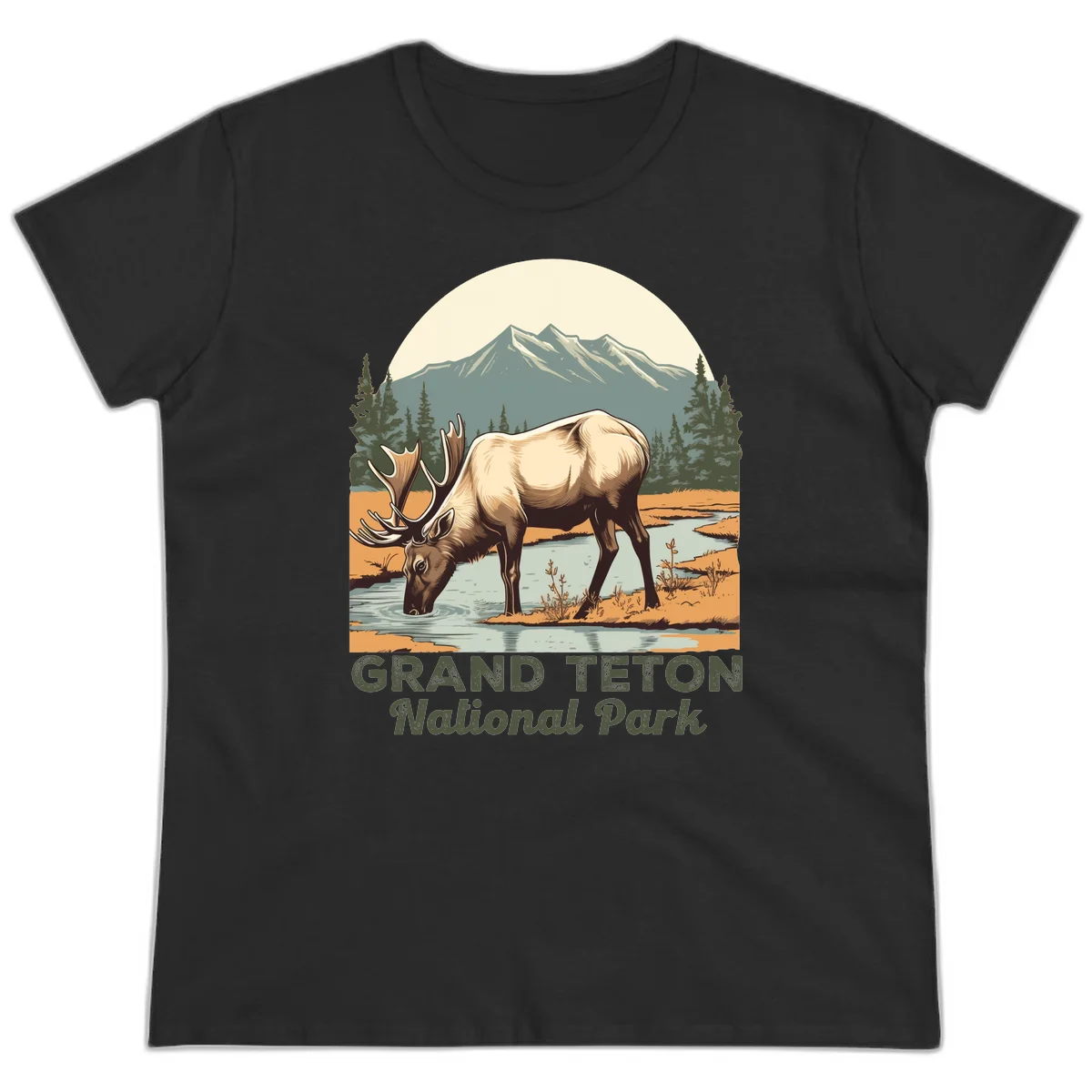 Vintage poster-style illustration of an elk drinking from a stream with Grand Teton mountains and forest in background in Black