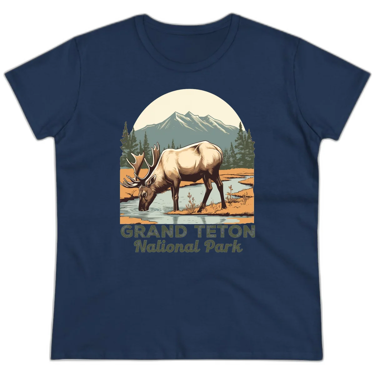 Vintage poster-style illustration of an elk drinking from a stream with Grand Teton mountains and forest in background in Navy