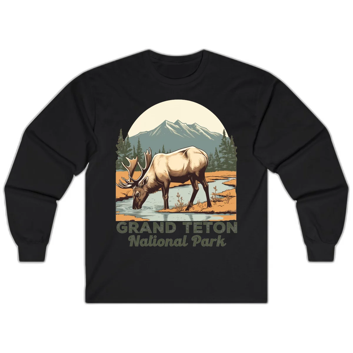 Vintage poster-style illustration of an elk drinking from a stream with Grand Teton mountains and forest in background in Black