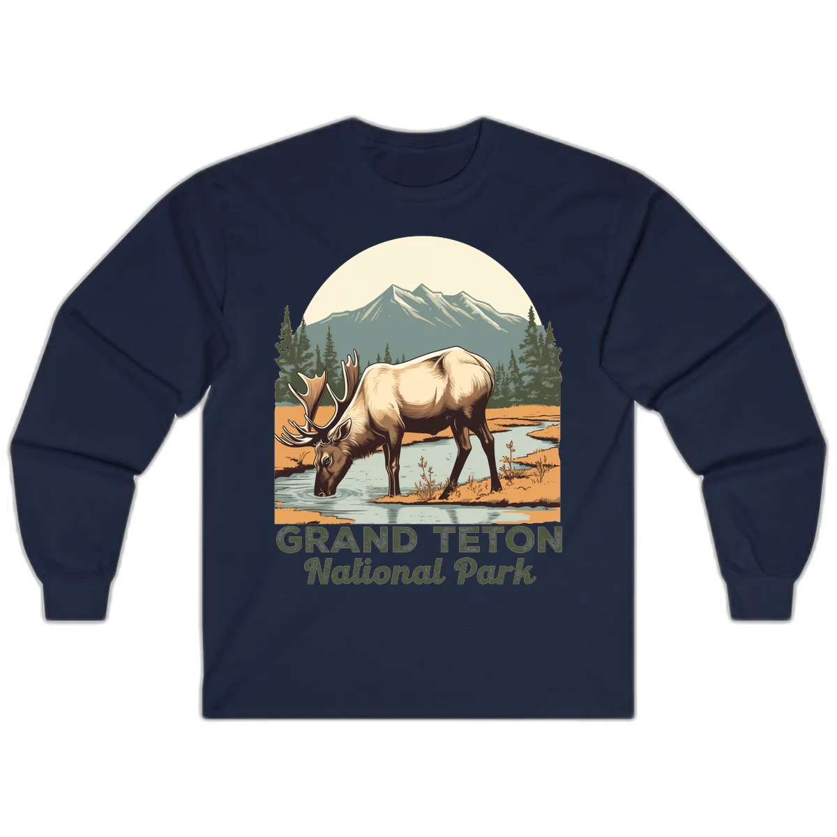 Vintage poster-style illustration of an elk drinking from a stream with Grand Teton mountains and forest in background in Navy
