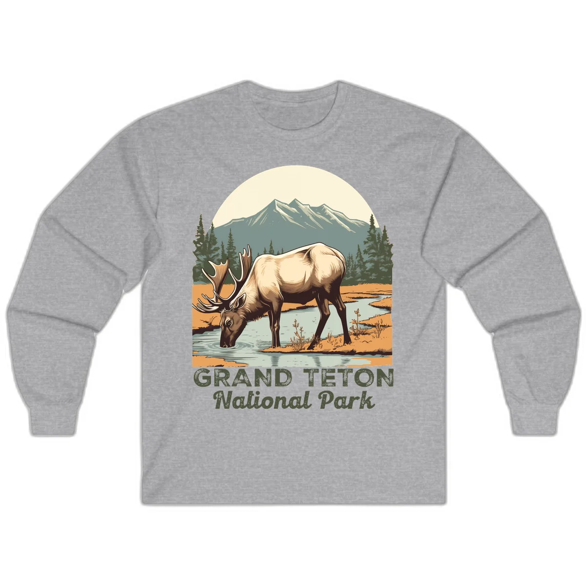 Vintage poster-style illustration of an elk drinking from a stream with Grand Teton mountains and forest in background in Sport Grey