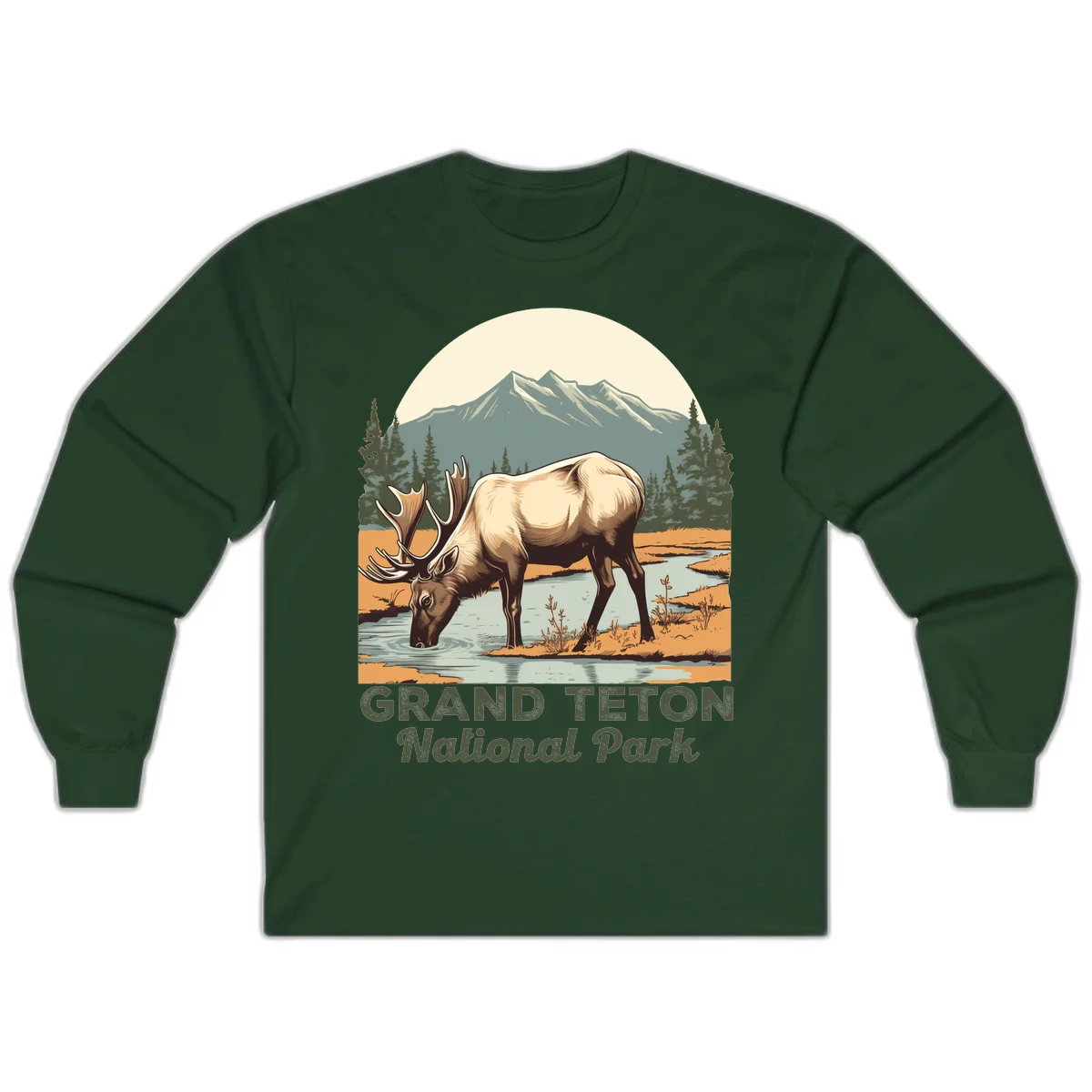 Vintage poster-style illustration of an elk drinking from a stream with Grand Teton mountains and forest in background in Forest Green