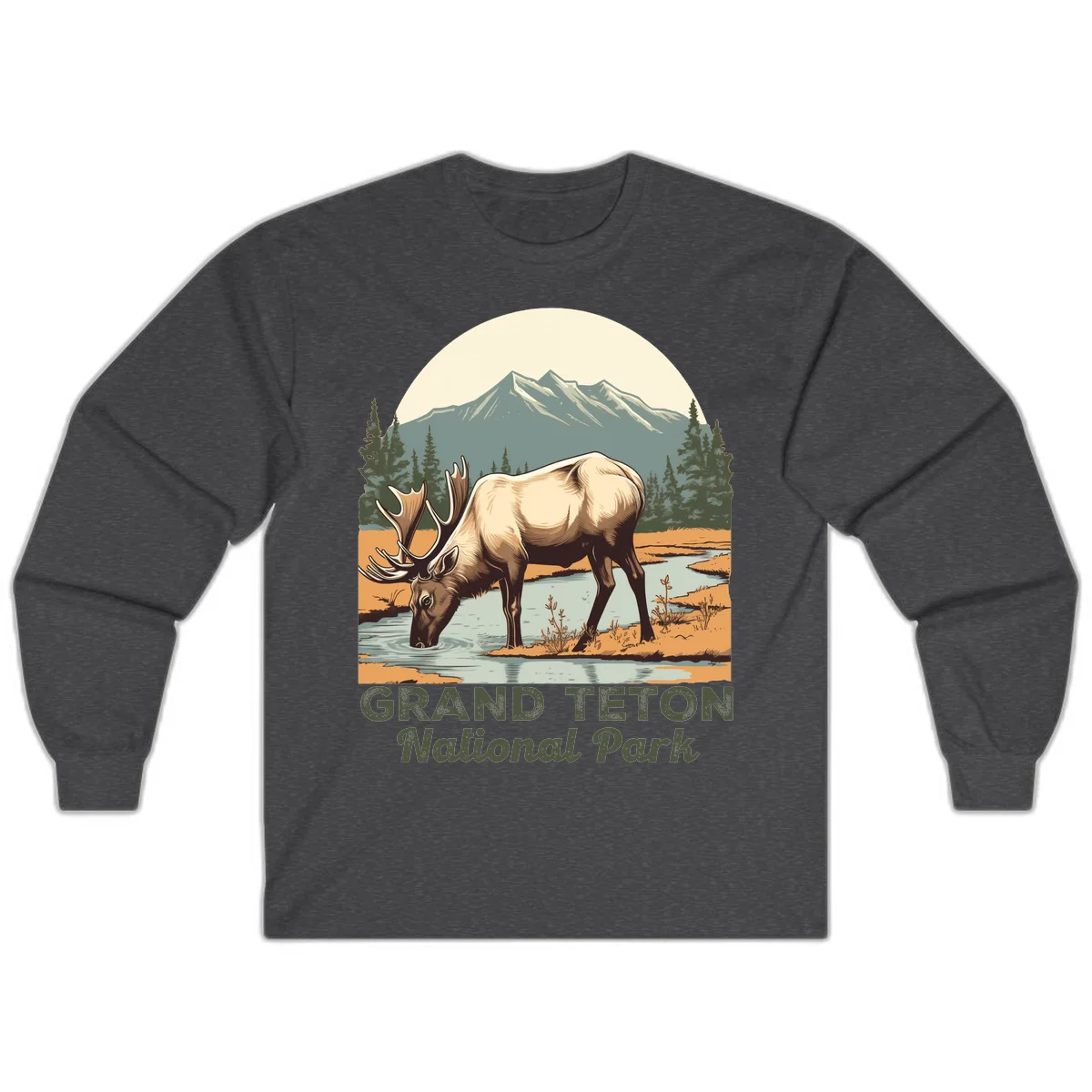 Vintage poster-style illustration of an elk drinking from a stream with Grand Teton mountains and forest in background in Dark Heather