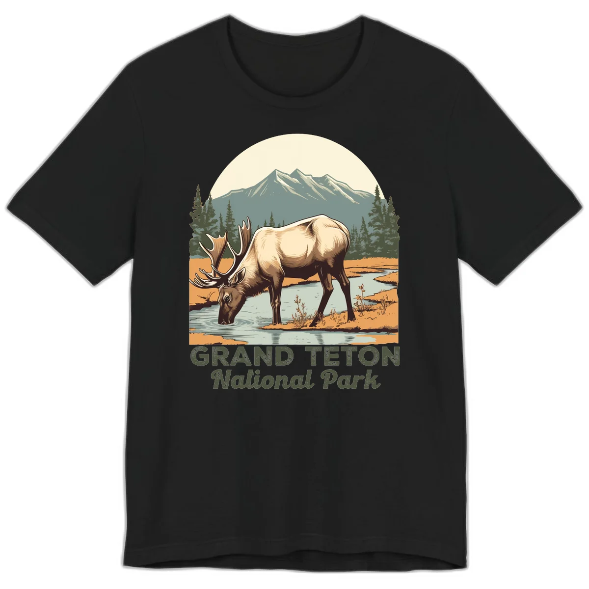 Vintage poster-style illustration of an elk drinking from a stream with Grand Teton mountains and forest in background in Black