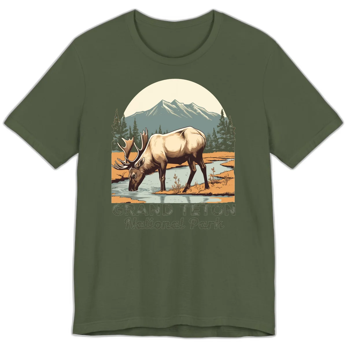 Vintage poster-style illustration of an elk drinking from a stream with Grand Teton mountains and forest in background in Military Green