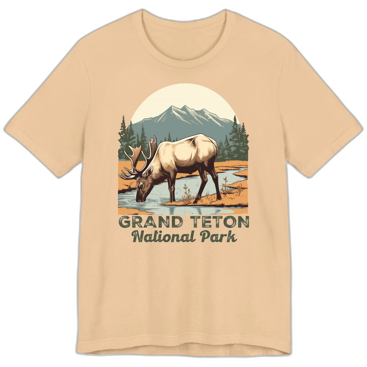 Vintage poster-style illustration of an elk drinking from a stream with Grand Teton mountains and forest in background in Sand Dune