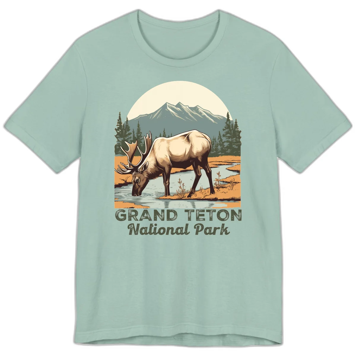 Vintage poster-style illustration of an elk drinking from a stream with Grand Teton mountains and forest in background in Dusty Blue